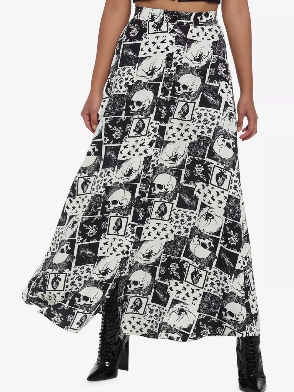 Hot Topic Skull Spider Raven Patchwork Midi Skirt